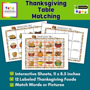Interaktives Spiel für den Thanksgiving-Tisch: Wörter oder Bilder zuordnen (PDF zum Ausdrucken)