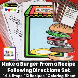 ¡Prepara una hamburguesa con una receta! Set de actividades de secuenciación. Sigue instrucciones de 4 a 6 pasos con imágenes y texto. PDF imprimible sobre autismo.