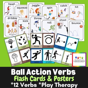 Flashcard + Poster sulle azioni con la palla, 12 verbi con immagini e testo, ottimi per la terapia del gioco! Autismo, Logopedia, PDF stampabile