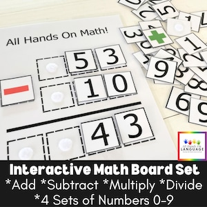 Tablero interactivo de actividades All Hands On Math: 40 tarjetas numéricas + suma, resta, multiplicación y división en un solo tablero, fuente grande, PDF imprimible