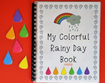 My Colorful Rainy Day Interactive Book, 5 Activity Pages to Match Raindrops in 6 Colors to Rain Related Objects, Autism PDF Printable