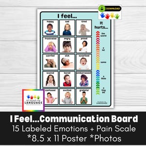 Feelings Communication Board- 15 Emotion Photos and Pain Scale, Expressing Feelings, AAC, Aphasia, Apraxia, Non Verbal Autism PDF Printable