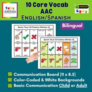 Könnte beinhalten: Zweisprachiges Kommunikationsboard (Englisch/Spanisch) mit 10 Kernvokabeln. Auf dem Board steht "10 Core Vocab AAC ENGLISH/SPANISH" und "Quick Talk 10/Charla Rápida 10". Es ist farbcodiert und hat einen weißen Hintergrund, geeignet für Kinder oder Erwachsene.