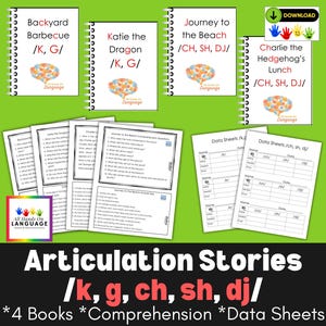 Articulation Stories-Back + Palatal Sounds /k,g/+ /ch, sh, dj/ 4 Books Plus Comprehension Questions + Data Sheets, Speech PDF Printable