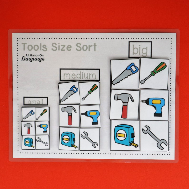 May include: A printable worksheet for sorting tools by size. The worksheet has three sections labeled "small", "medium", and "big". Each section has pictures of tools, including a saw, screwdriver, hammer, drill, tape measure, and wrench.