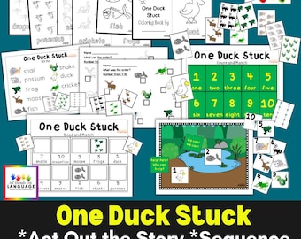 May include: A collection of printable educational activity sheets and cards titled One Duck Stuck, featuring black and white coloring pages, counting exercises, matching games, and a colorful pond scene with animal illustrations and number labels.