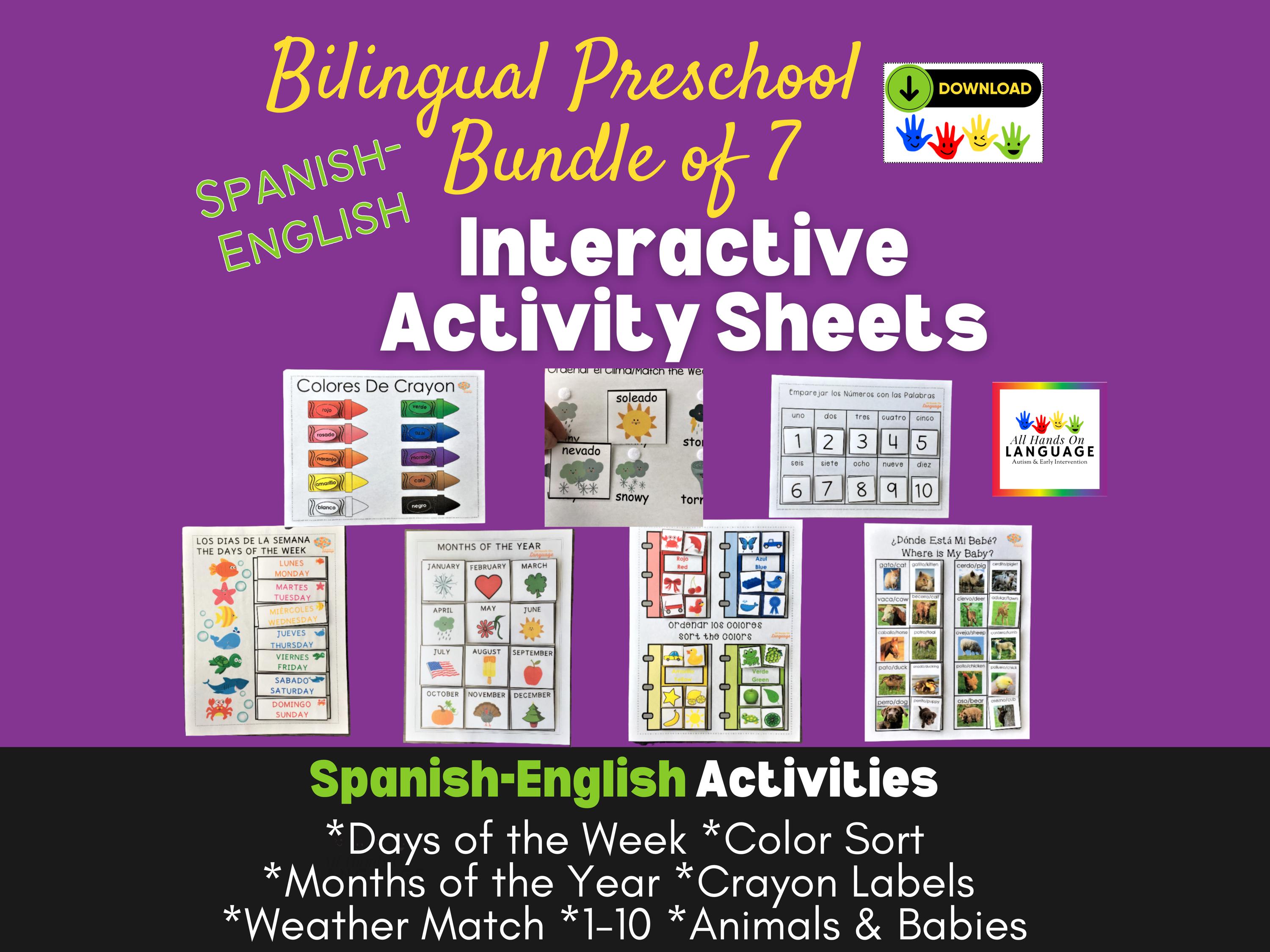 BUNDLE of 7 Bilingual Spanish + English Preschool Activities  