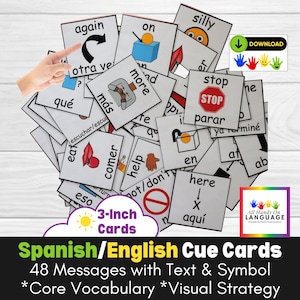 Tweetalig Spaans + Engels basiswoordenschat signaalkaarten, 48 woorden op kaarten van 3 inch, AAC, ESOL, non-verbaal, pre-verbaal autisme, afdrukbaar pdf