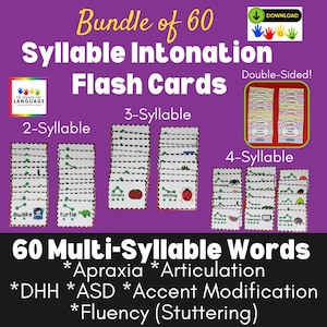 Lot de 60 cartes mémoire de 2, 3 et 4 mots avec marques d'intonation, images et texte, apraxie, discours, autisme PDF imprimable