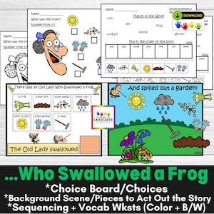 Old Lady Who Swallowed a Frog Story Companion Activities, Sentence Formulation, Sequencing, Act Out the Story, Speech, Autism, PDF Printable