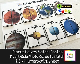 Planet Halves Match-Up Activity, 8 Planets to Match, Solar System, Space Game, Preschool and Autism PDF Printable