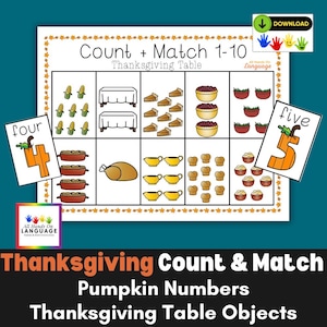 Könnte beinhalten: Ein ausdruckbares Lernblatt mit dem Titel Count + Match 1-10 Thanksgiving Table, das ein Raster mit Illustrationen von Mais, Tischen, Tortenstücken, Schüsseln, grünen Bohnen, Aufläufen, Truthahn, Soßieren, Brötchen und Kartoffelbrei zeigt.