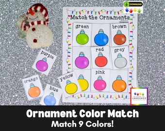 Könnte beinhalten: Ein druckbares Weihnachtsbaumschmuck-Farbzuordnungs-Spiel für Kinder. Das Spiel enthält neun verschiedene farbige Ornamente und entsprechende Farbbezeichnungen. Der Text auf dem Spiel lautet "Match the Ornaments" und "Match 9 Colors!"