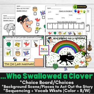 Old Lady Who Swallowed a Clover Story Companion Activities, Sentence Formulation, Sequencing, Act Out the Story, Speech Autism PDF Printable