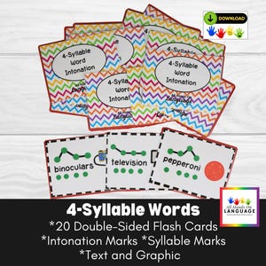 Lot de 20 cartes flash de 4 syllabes avec marques d'intonation, images et texte, apraxie, bégaiement, orthophonie, autisme PDF imprimable
