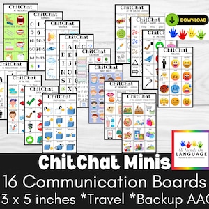 ChitChat-minicommunicatiebordenset, 16 onderwerpborden 3 x 5 inch, pdf-afdrukbaar logotherapie + autisme