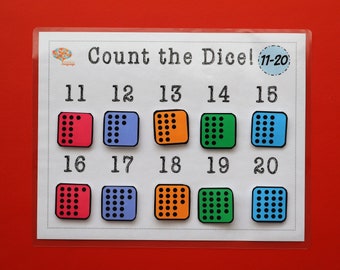 Dice Numbers 11-20 Count and Match Activity, Count Dots and Match to the Number, Pattern Recognition PDF Printable