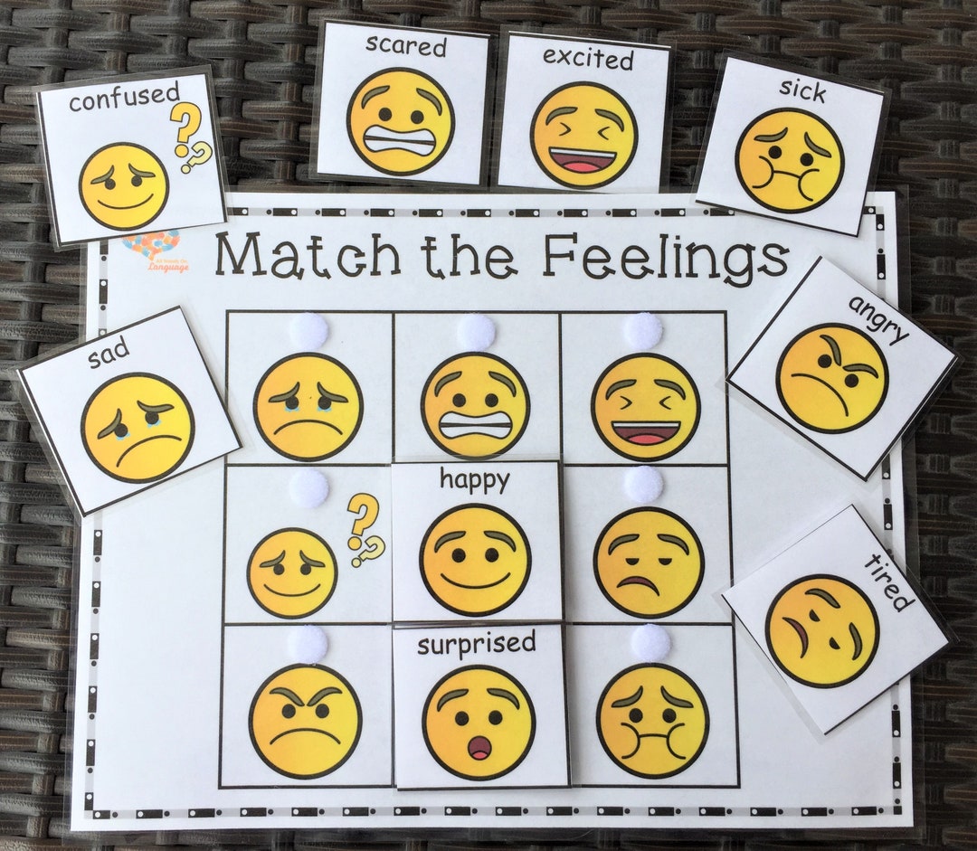 Match the Feelings Activity, 9 Labeled Emojis to Match, Learn Emotions