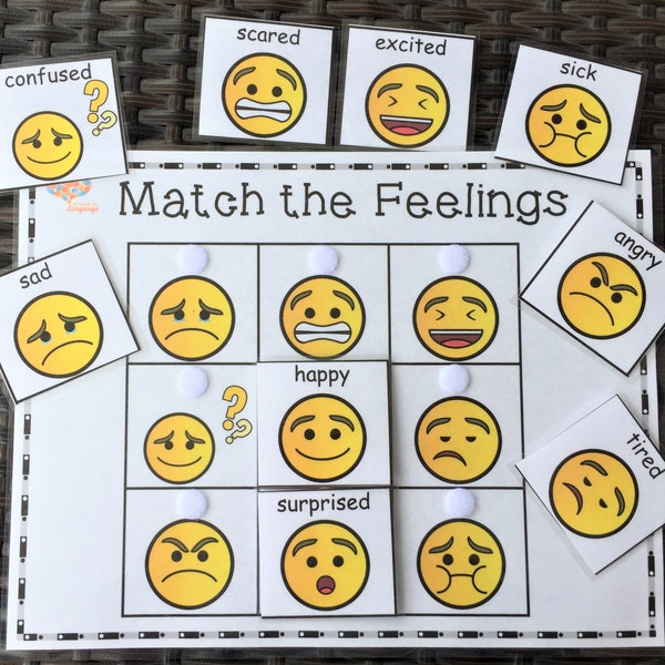 Match the Feelings Activity, 9 Labeled Emojis to Match, Learn Emotions, Autism and Preschool PDF Printable