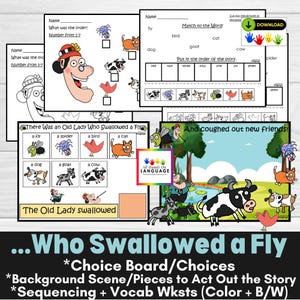 Old Lady Who Swallowed a Fly Story Companion Activities, Choice Board, Sequencing, Act Out the Story, Speech Therapy, Autism, PDF Printable