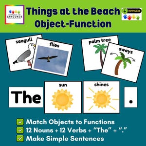 May include: Educational flashcards titled Things at the Beach Object-Function featuring illustrations of a seagull, palm tree, and sun with corresponding verbs flies, sways, and shines. Includes the word The, a period, and instructional text.