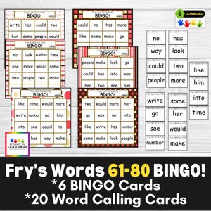 Jogo de Bingo Fry's Sight Words 61-80, 6 cartelas de bingo, 20 cartões de visita com palavras, fácil de fazer e jogar! Colorido e divertido! PDF para impressão