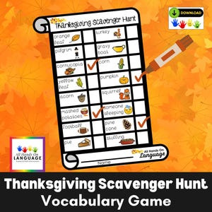 Thanksgiving Scavenger Hunt Game, List of 16 Items with Pictures + Text, Look Around the House, Office, Classroom, or Movie! PDF Printable