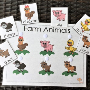 Activité simplifiée d'association d'animaux de la ferme, 6 images d'animaux de la ferme étiquetées, PDF imprimable pour les enfants d'âge préscolaire et l'autisme
