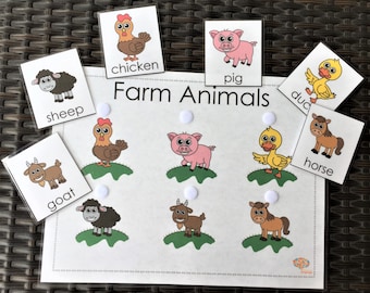 Farm Animal Matching Simplified Activity, 6 Labeled Farm Animal Pictures, Preschool and Autism PDF Printable