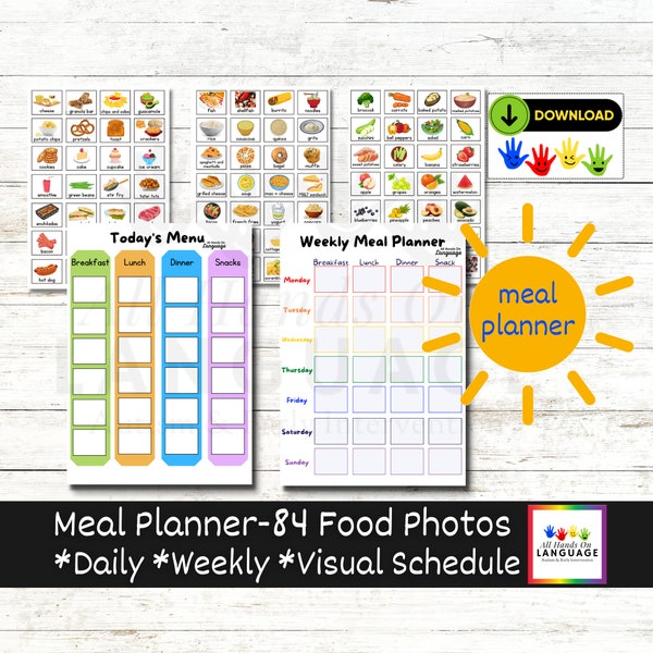Interactive Meal Planner Kit, 84 Foods with Weekly Planning Board and Daily Menu Board, Autism Visual Schedule Printable PDF