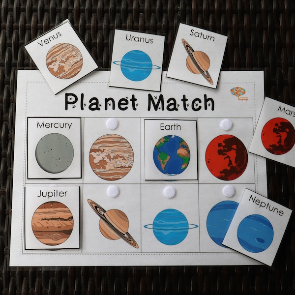 Activité Planet Match, les 8 planètes du système solaire, jeu spatial, préscolaire et autisme PDF imprimable