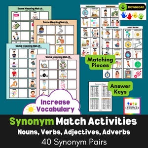 May include: A collection of educational synonym matching activity sheets for nouns, verbs, adjectives, and adverbs. The set includes worksheets with grid layouts, matching pieces, and answer keys, featuring colourful illustrations and text labels.