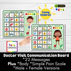 Doctor Visit Communication Board for Young Children, 22 Messages plus Body and Simple Pain Scale, Autism, Speech Delay, PDF Printable