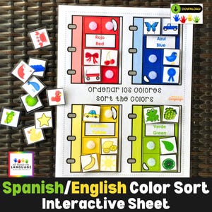 Actividad interactiva bilingüe español/inglés de clasificación de colores, 4 colores, 24 imágenes, para niños con autismo, preescolar, ESOL, PDF imprimible