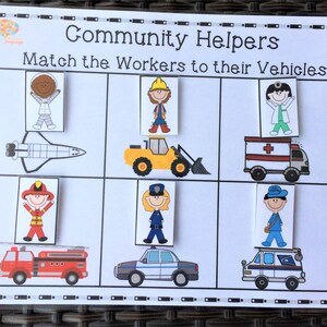 May include: A printable community helpers matching game. Match the workers to their vehicles. The workers include an astronaut, construction worker, doctor, firefighter, police officer, and mail carrier. The vehicles include a space shuttle, bulldozer, ambulance, fire truck, police car, and mail truck.