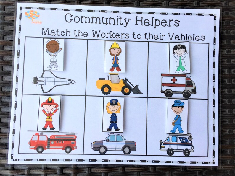 May include: A printable community helpers matching game. Match the workers to their vehicles. The workers include an astronaut, construction worker, doctor, firefighter, police officer, and mail carrier. The vehicles include a space shuttle, bulldozer, ambulance, fire truck, police car, and mail truck.