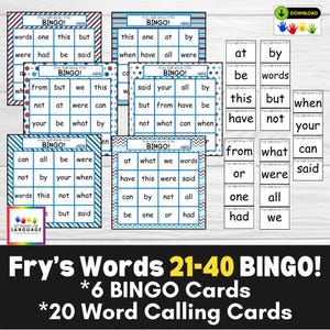 Jogo de Bingo Fry's Sight Words 21-40, 6 cartelas de bingo, 20 cartões de visita com palavras, fácil de fazer e jogar! Colorido e divertido! PDF para impressão