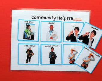 May include: A colorful chart with pictures of community helpers, including a bus driver, doctor, police officer, fire fighter, teacher, and construction worker. The chart has the title "Community Helpers" and the words "All Hands On Language".