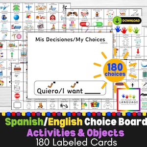 Spaans en Engels tweetalig keuzebord met 180 activiteiten- en objectkeuzekaarten, 'My Choices'-autisme, bevordering van onafhankelijkheid, afdrukbare pdf