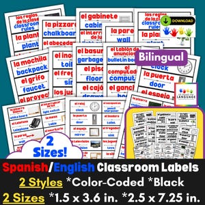 Bilingual Spanish/English Classroom Labels with Photos, Color Coded & Black (2 Sizes) - PDF Printable