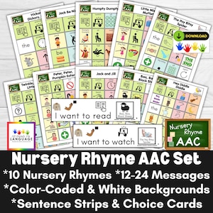 AAC-bordenset voor kinderrijm, 10 verhalen, kleurgecodeerde en witte achtergronden, zinsstroken + keuzekaarten, afbeeldingen voor kleuters, spraakautisme, pdf
