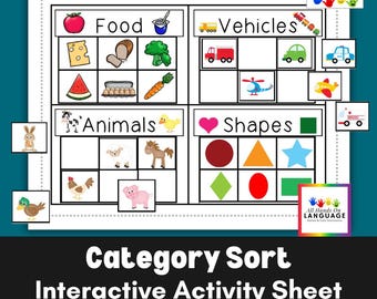 Category Sort Activity, 4 Categories-24 Pictures, Food, Animals, Vehicles, Shapes, Autism PDF Printable