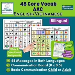 Bilingual Vietnamese + English Communication Board Core 48 & Bonus Meet + Greet! AAC, ESL (PDF Printable)
