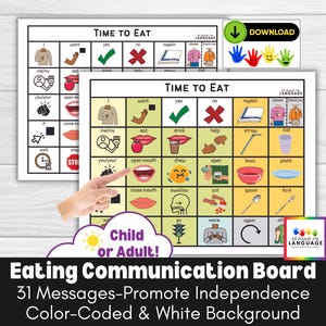 Time To Eat Communication Board 30, Color Coded Words, Aided-Language, AAC, Non Verbal Pre Verbal Limited Verbal, Autism, PDF Printable