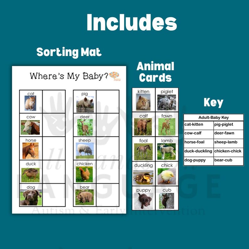 Op de afbeelding: Educatieve sorteermat met dierenafbeeldingen en de tekst "Waar is mijn baby?" bevat dierenkaarten en een sleutel. De mat toont afbeeldingen van volwassen dieren en hun baby's.