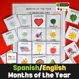Actividad de emparejamiento bilingüe en español e inglés de los meses del año, imágenes y palabras, autismo, ESOL, libro de actividades, página imprimible en formato PDF