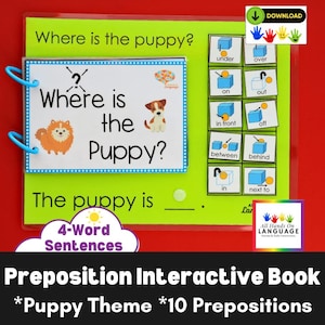 Interaktiv bok om valpprepositioner: Meningsbyggande, tal och autism (utskrivbar PDF)