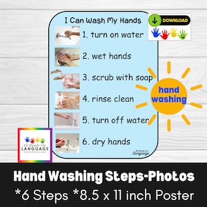 Handenwasvolgordegrafiek Echte foto's, ik kan mijn handen wassen, 6-stappenvolgordefoto's + schriftelijke instructies, autisme visuele pdf afdrukbaar