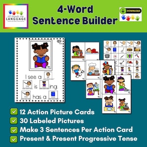 May include: Educational resource titled "4-Word Sentence Builder" with colourful illustrations. The image includes text stating "12 Action Picture Cards" and "30 Labeled Pictures." It's designed to aid language development and sentence building for educational purposes.