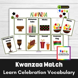 Actividad interactiva de emparejamiento de Kwanzaa, combina 8 tarjetas de vocabulario etiquetadas y habla sobre las tradiciones de las fiestas, preescolar, autismo, PDF imprimible